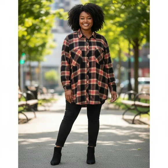 Maurices Black and Red Plaid Button-Down Shirt - Picture 1 of 7
